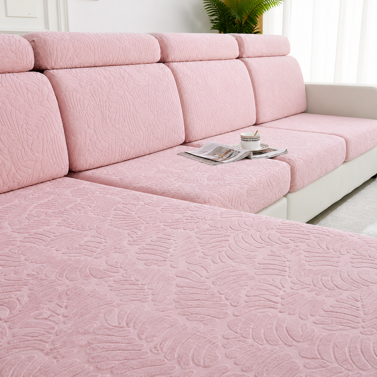 Anti Slip Leaf Jacquard L Shaped Cushion Sofa Couch Cover