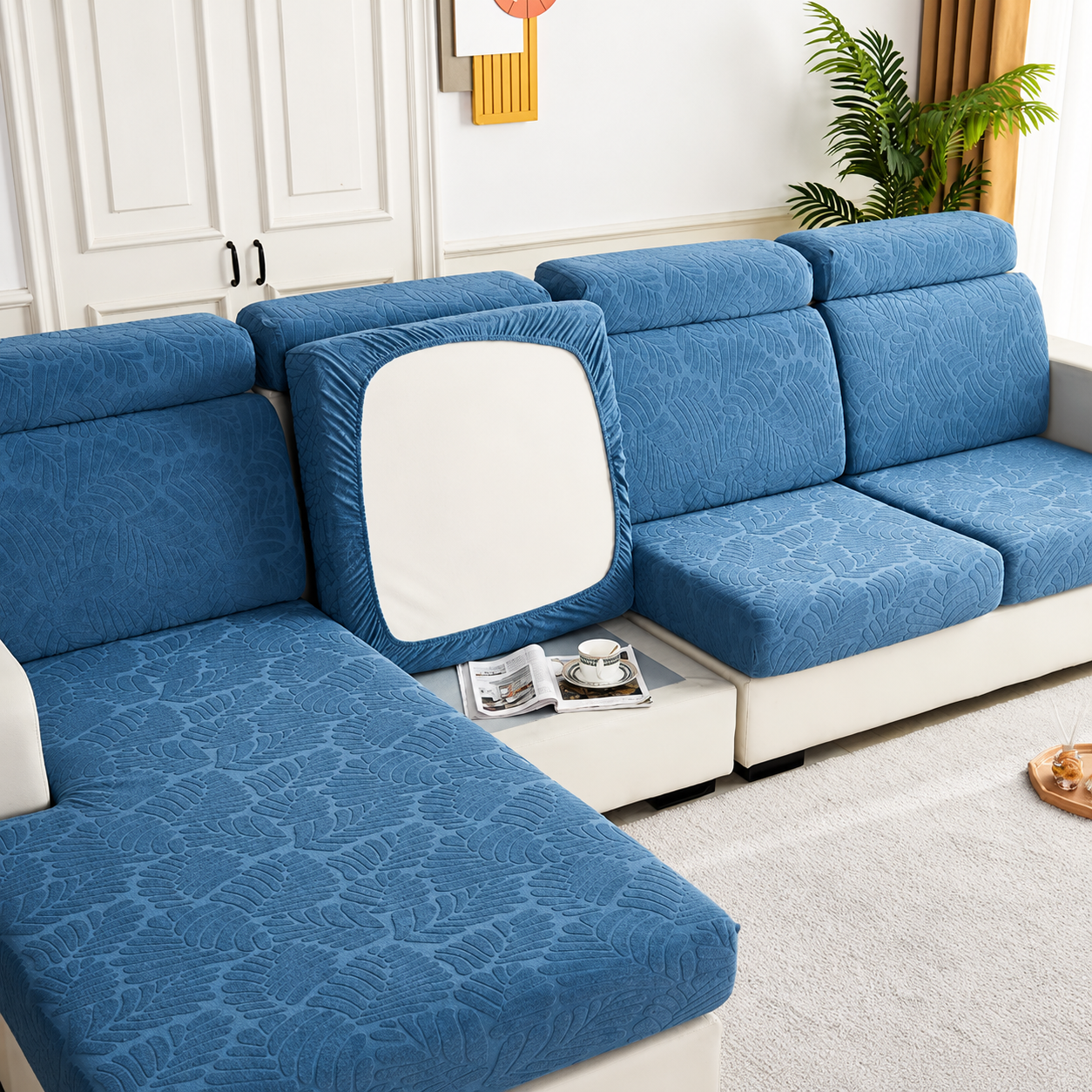 Anti Slip Leaf Jacquard L Shaped Cushion Sofa Couch Cover