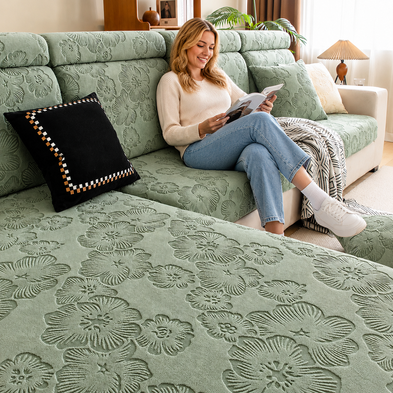 Anti Slip Floral L Shaped Sectional Cushion Sofa Couch Cover