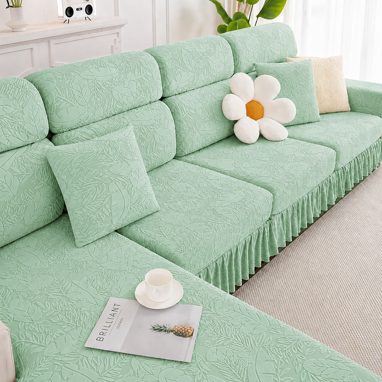 Jacquard Anti-Slip L Shaped Skirt Cushion Sofa Couch Cover