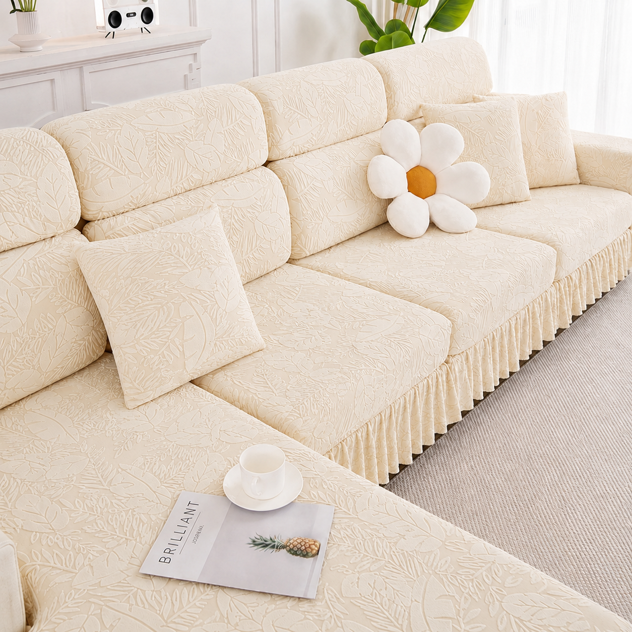 Jacquard Anti-Slip L Shaped Skirt Cushion Sofa Couch Cover