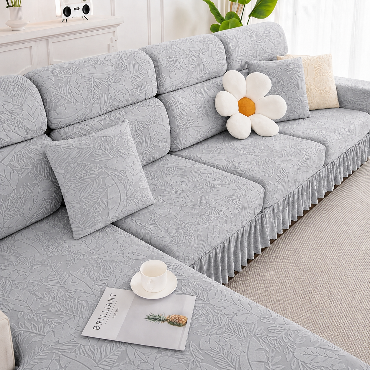 Jacquard Anti-Slip L Shaped Skirt Cushion Sofa Couch Cover