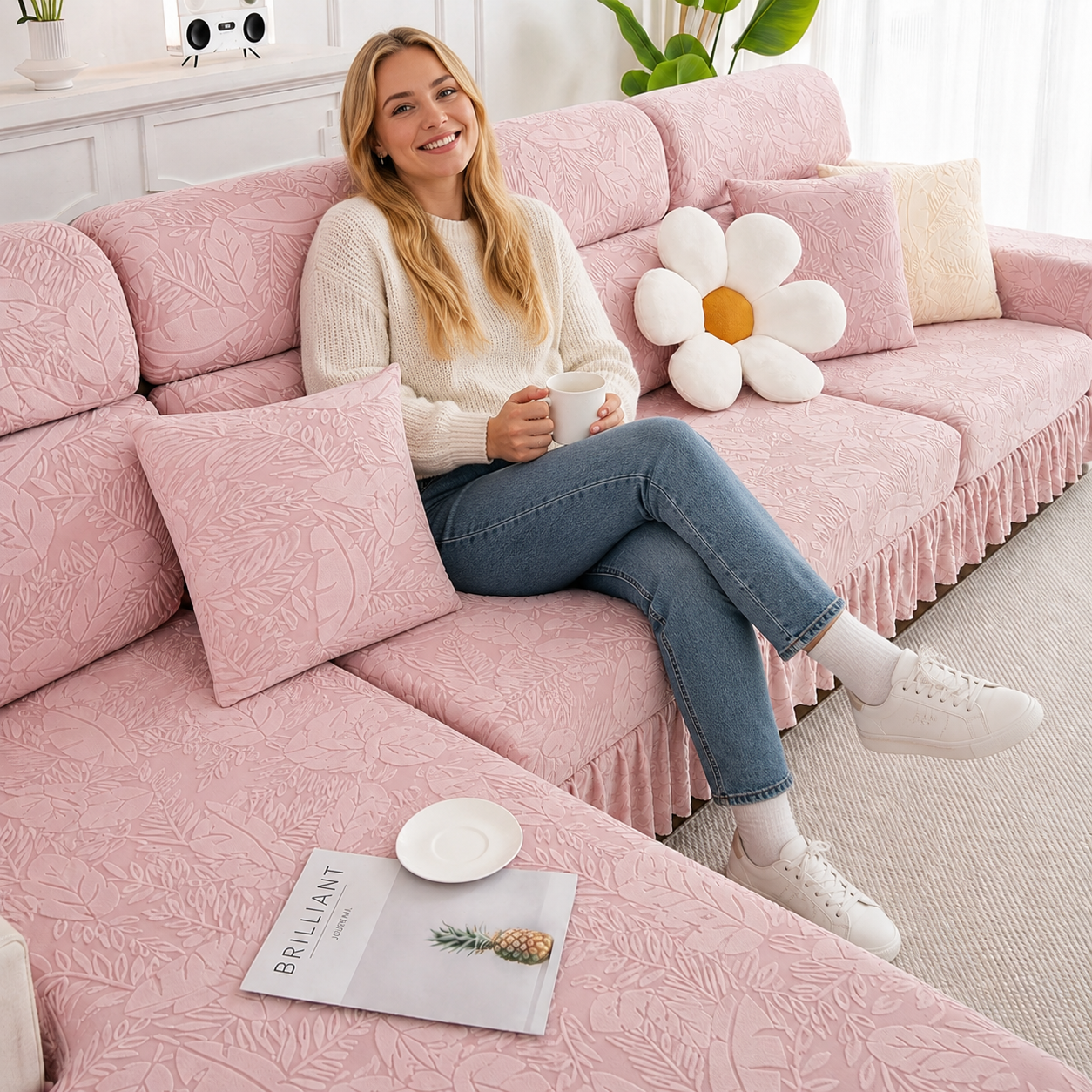 Jacquard Anti-Slip L Shaped Skirt Cushion Sofa Couch Cover