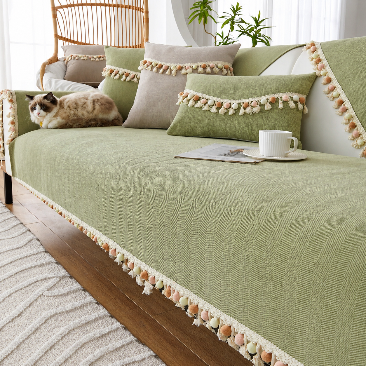 Non-Slip Boho Herringbone Chenille Tassels Sofa Couch Cover