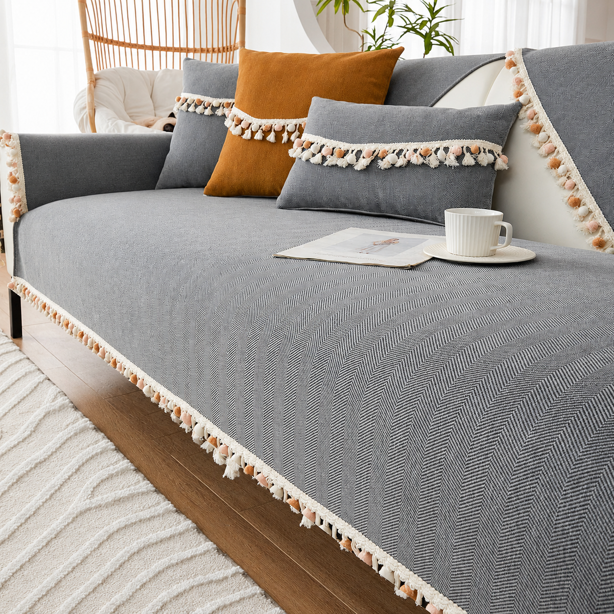 Non-Slip Boho Herringbone Chenille Tassels Sofa Couch Cover