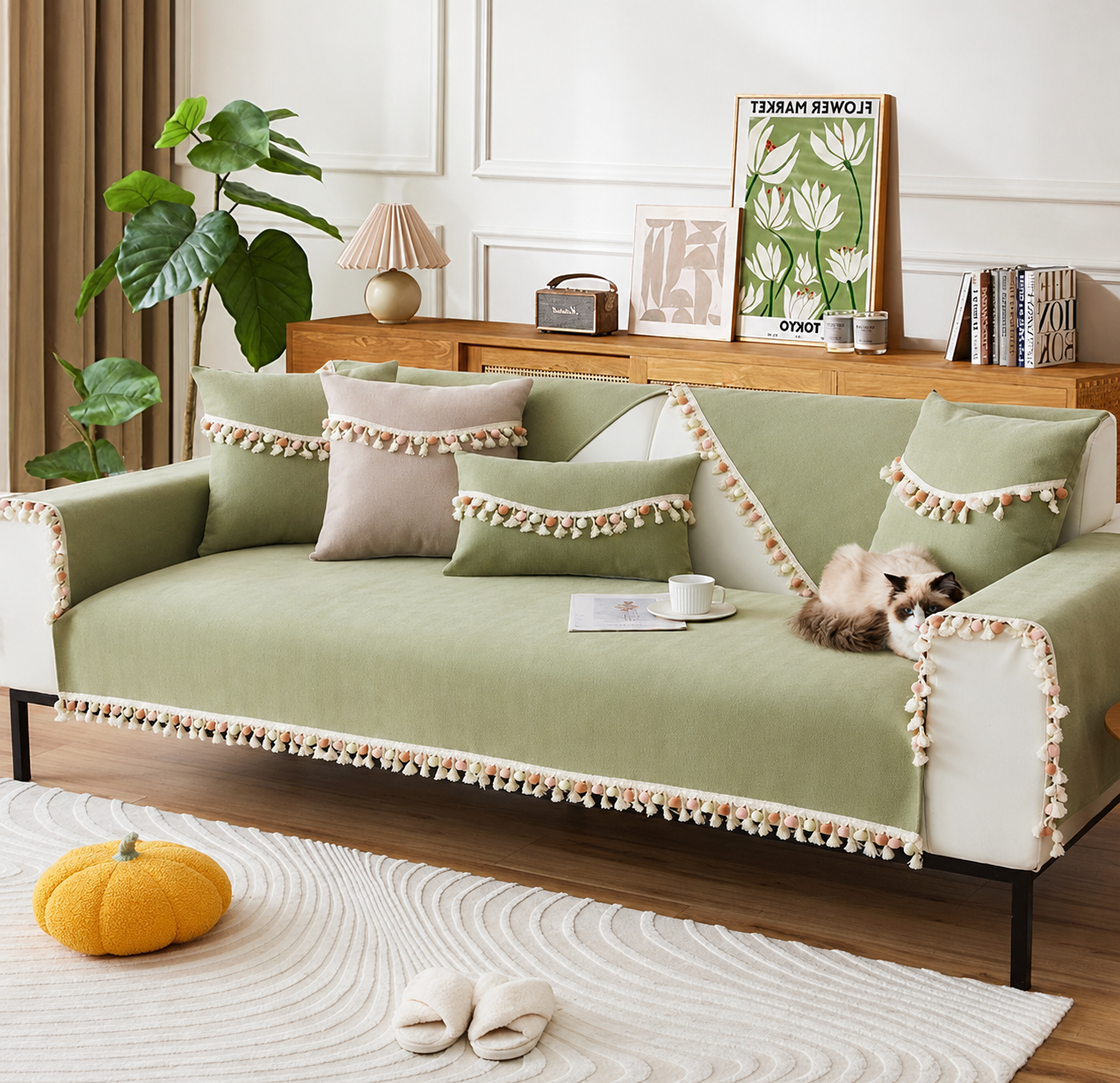 Non-Slip Boho Herringbone Chenille Tassels Sofa Couch Cover