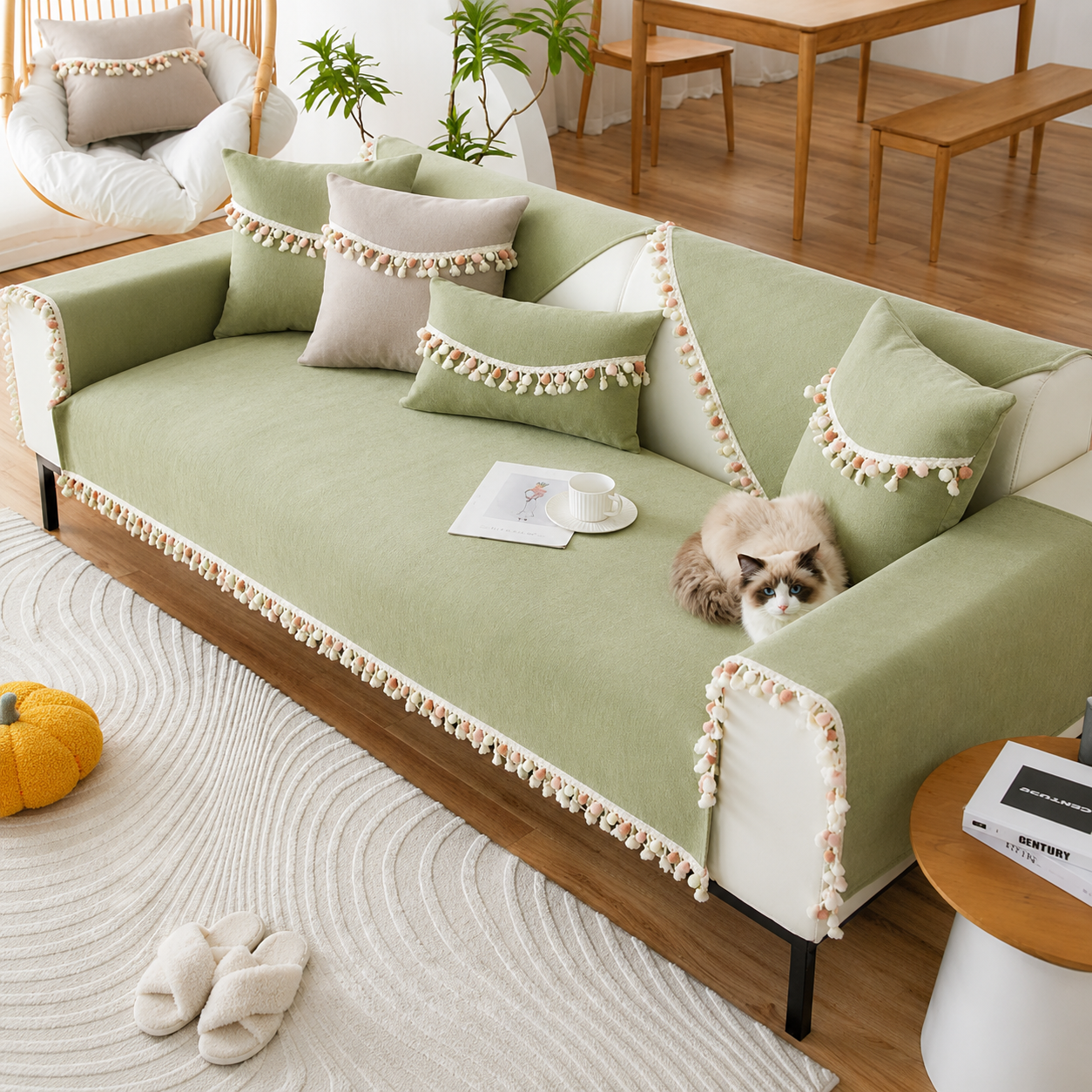 Non-Slip Boho Herringbone Chenille Tassels Sofa Couch Cover