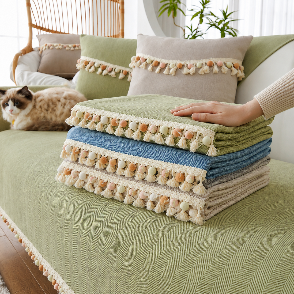 Non-Slip Boho Herringbone Chenille Tassels Sofa Couch Cover