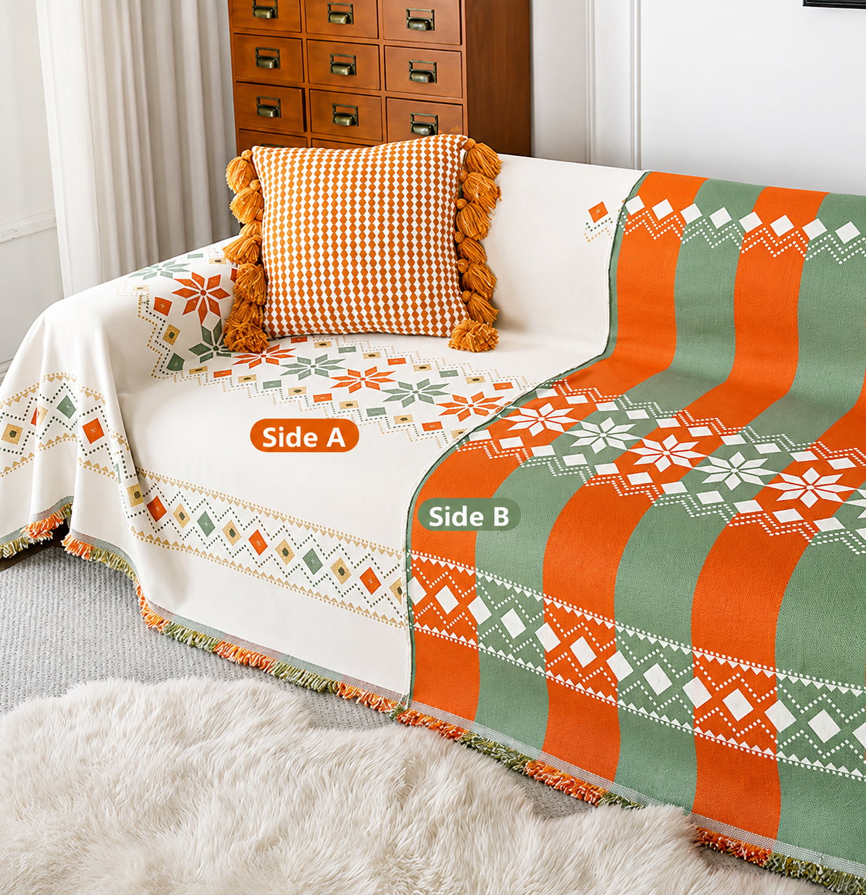 Non-Slip Boho Chenille Tassels Reversible Sofa Couch Cover