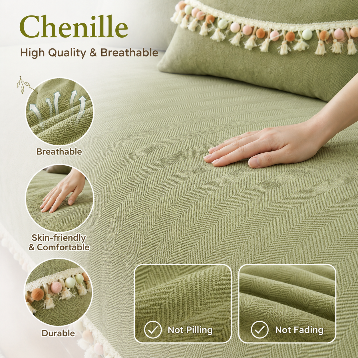 Non-Slip Boho Herringbone Chenille Tassels Sofa Couch Cover