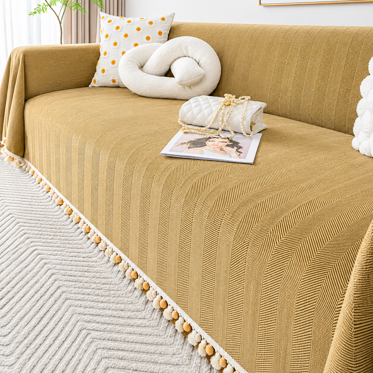 Elegant Boho Herringbone Chenille Tassels Sofa Couch Cover