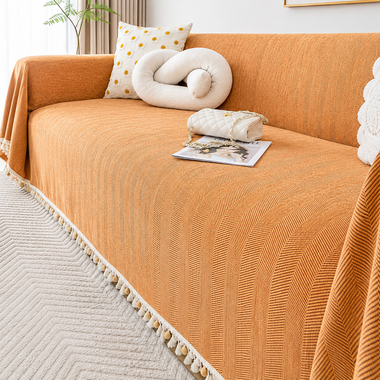 Elegant Boho Herringbone Chenille Tassels Sofa Couch Cover
