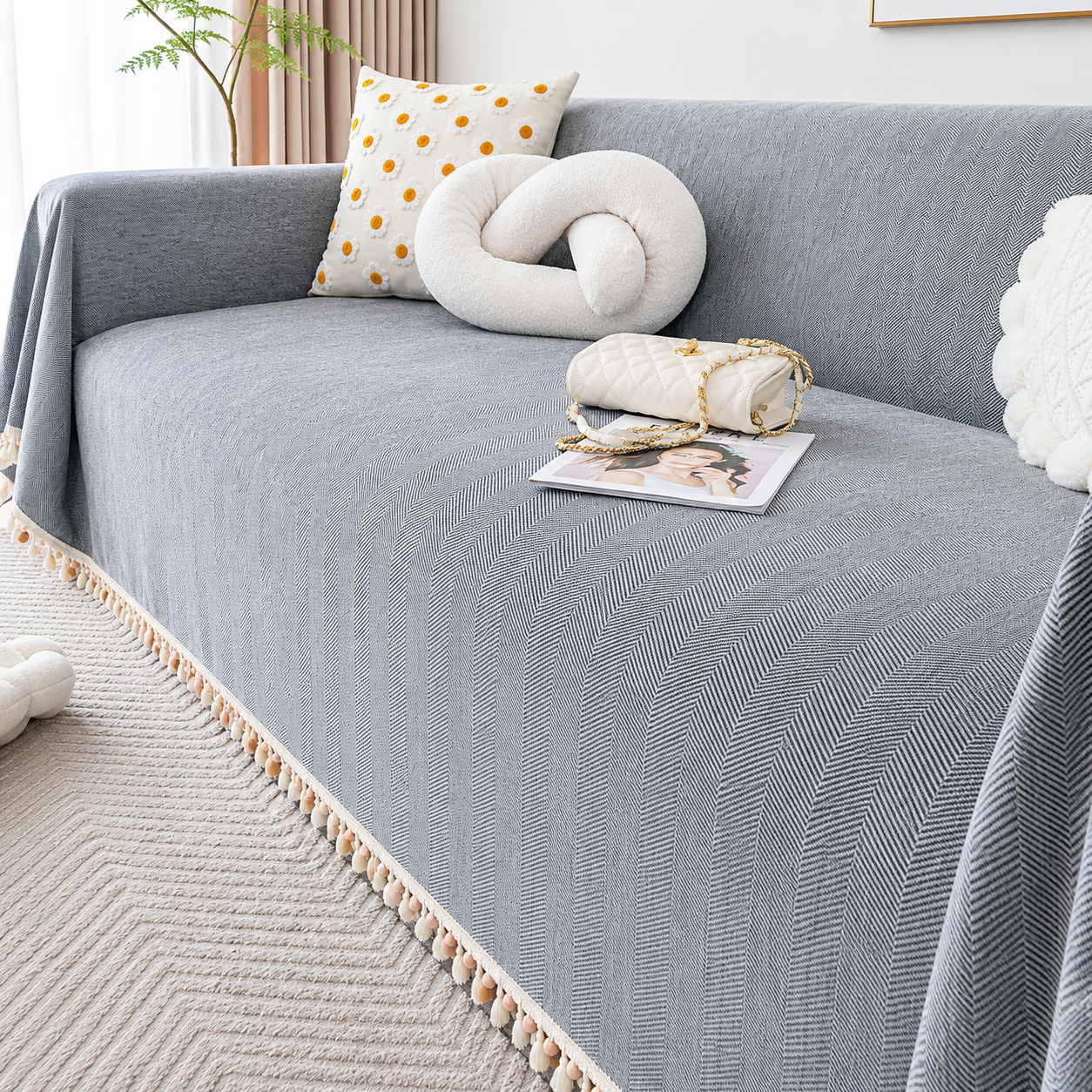 Elegant Boho Herringbone Chenille Tassels Sofa Couch Cover