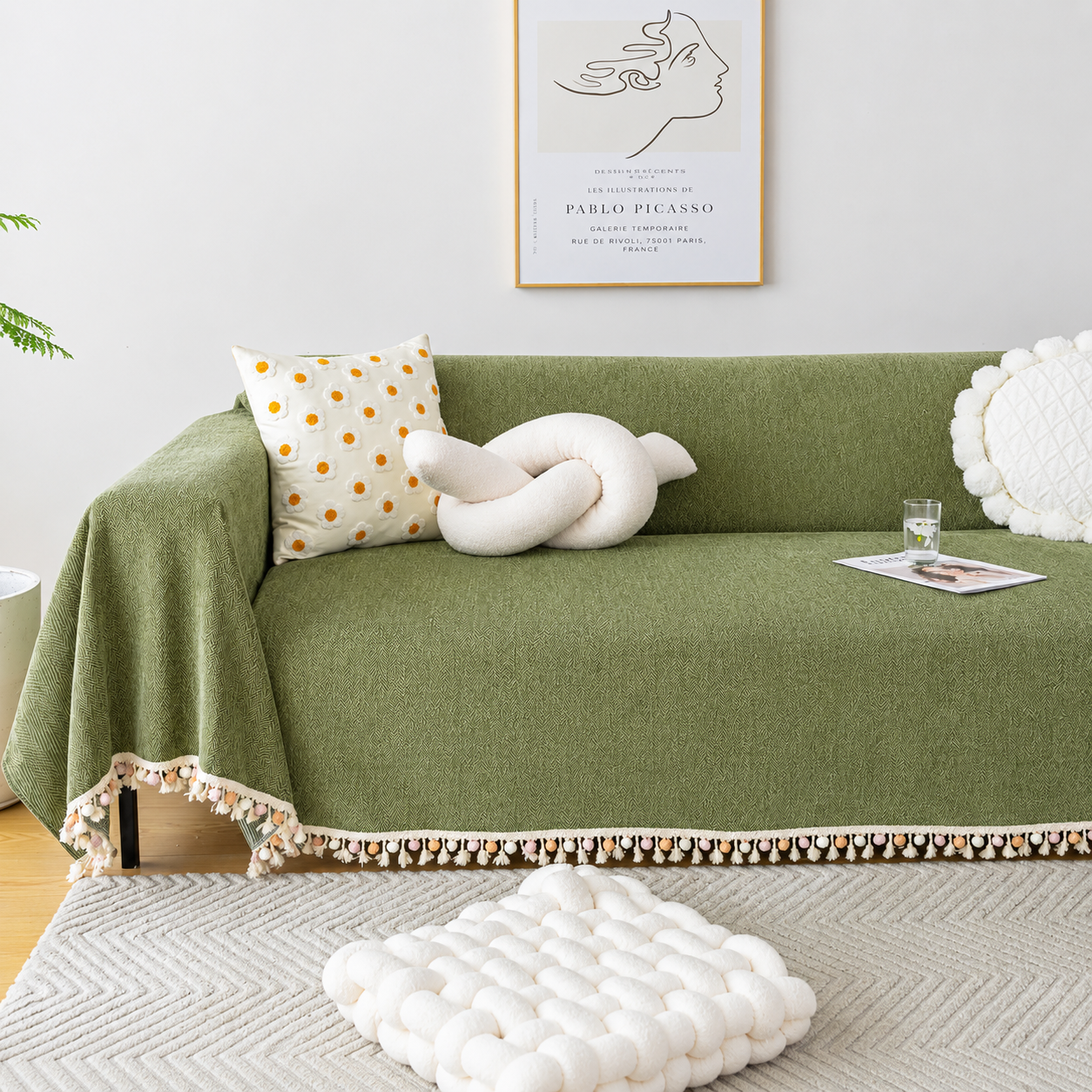 Elegant Boho Herringbone Chenille Tassels Sofa Couch Cover