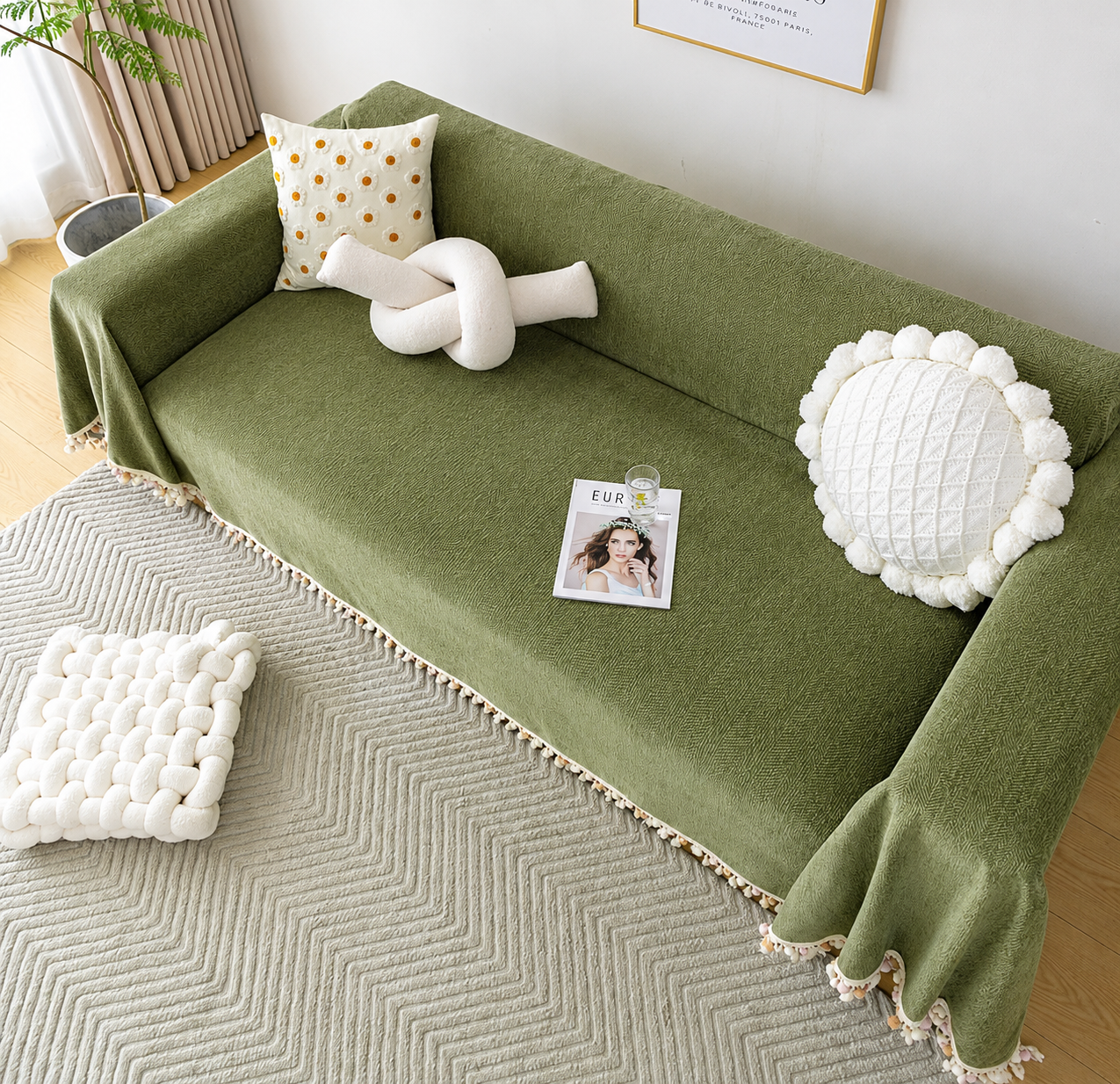 Elegant Boho Herringbone Chenille Tassels Sofa Couch Cover