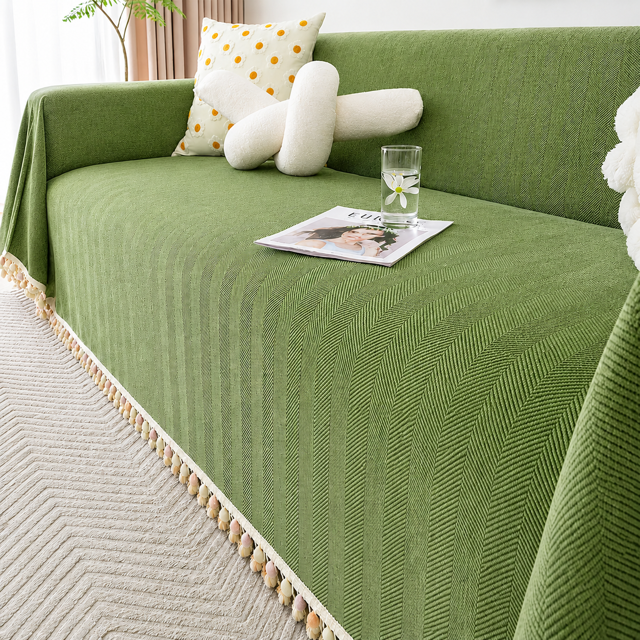 Elegant Boho Herringbone Chenille Tassels Sofa Couch Cover
