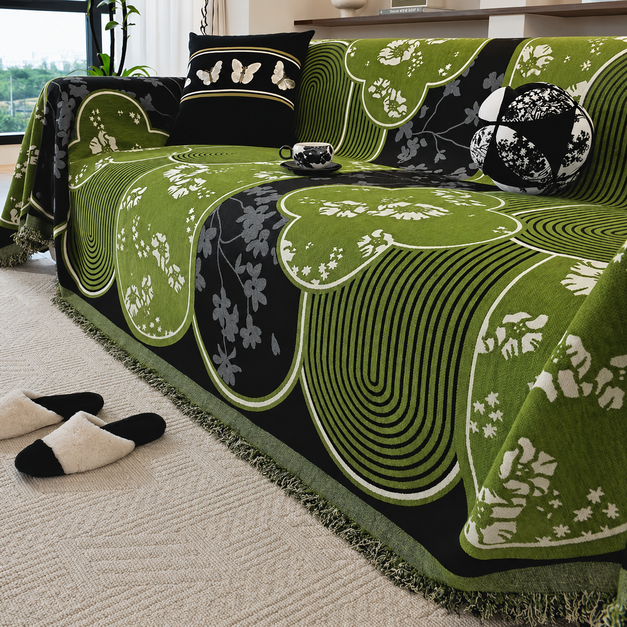 Non-Slip Modern Abstract Floral Chenille Tassels Sofa Couch Cover