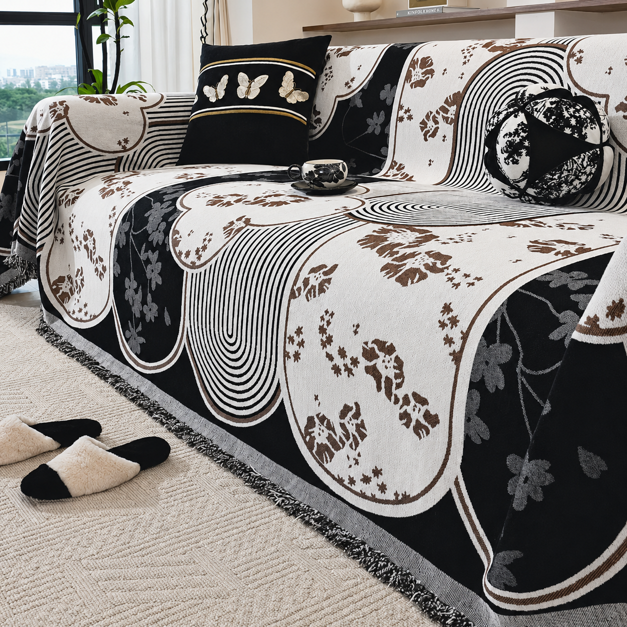 Non-Slip Modern Abstract Floral Chenille Tassels Sofa Couch Cover