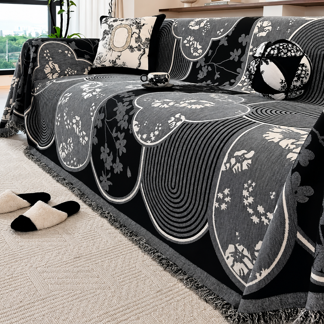 Non-Slip Modern Abstract Floral Chenille Tassels Sofa Couch Cover