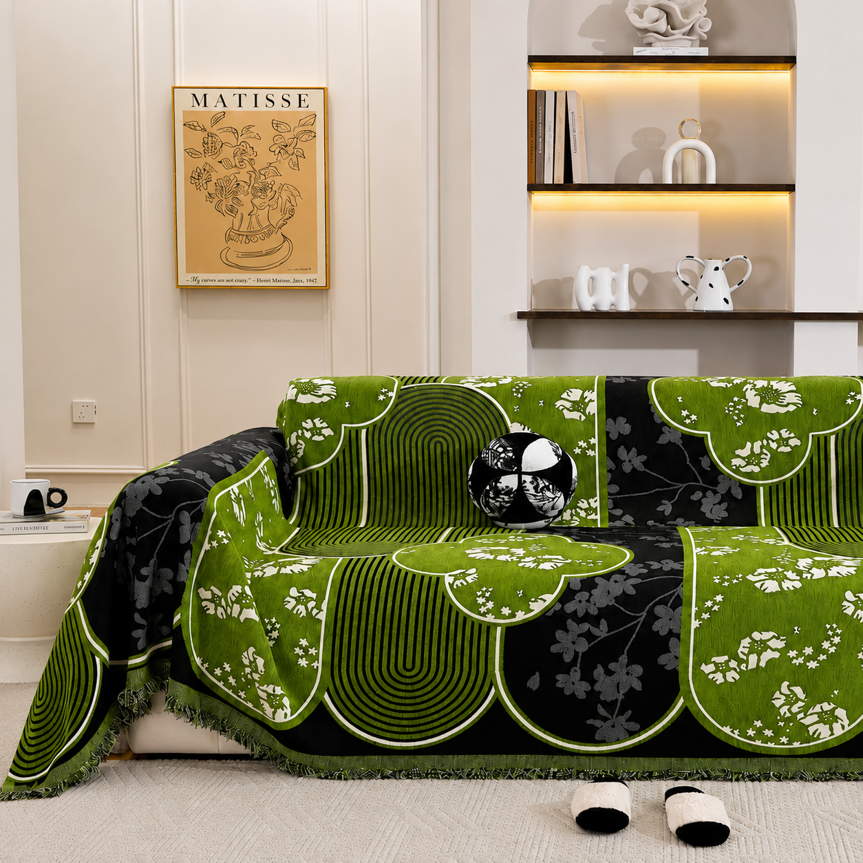 Non-Slip Modern Abstract Floral Chenille Tassels Sofa Couch Cover
