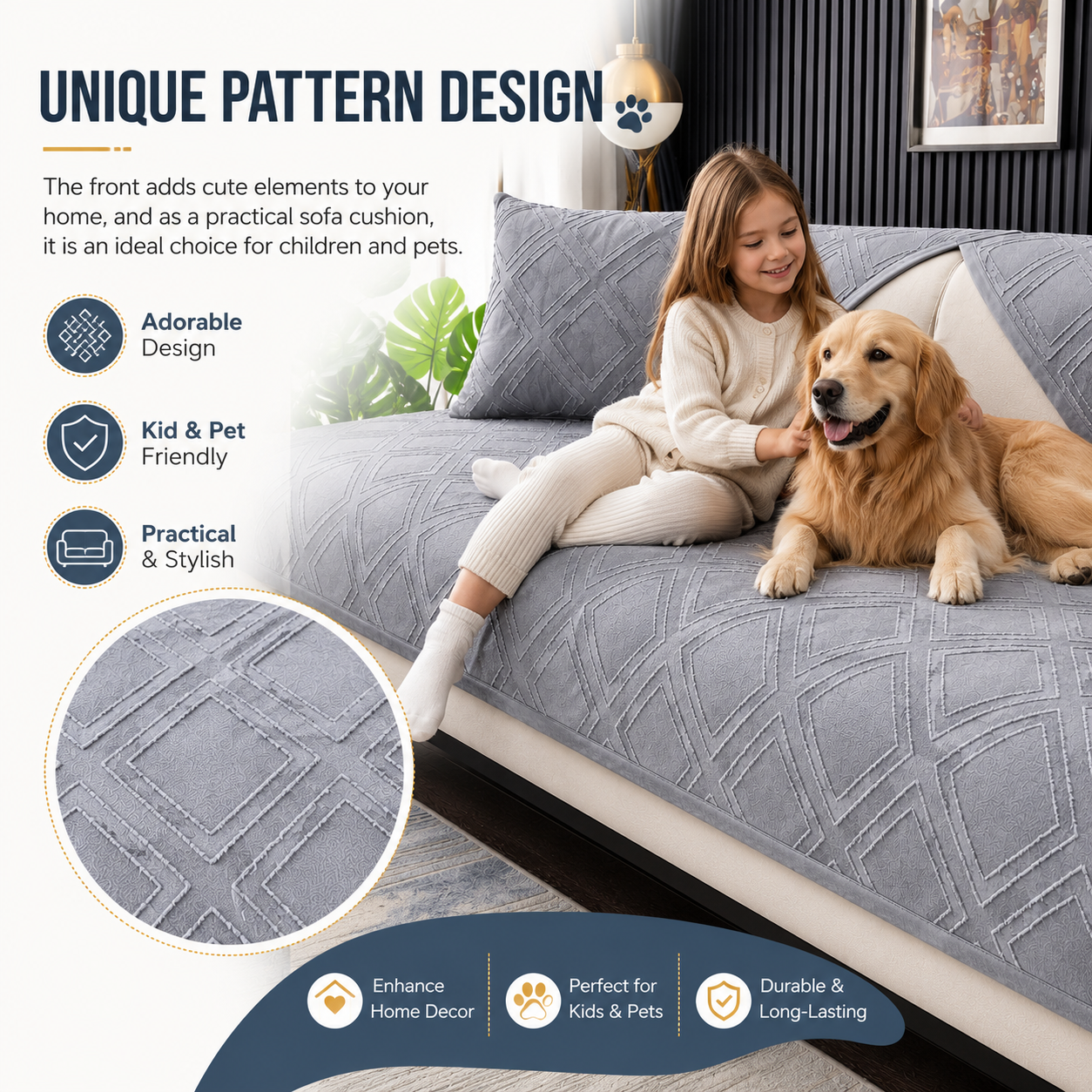 Non Slip Chenille Geometric Mat Couch Sofa Cover