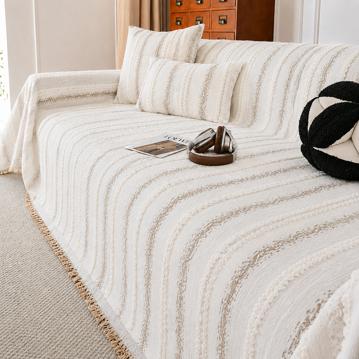 Non-Slip Stripe Chenille Tassels Sofa Couch Cover