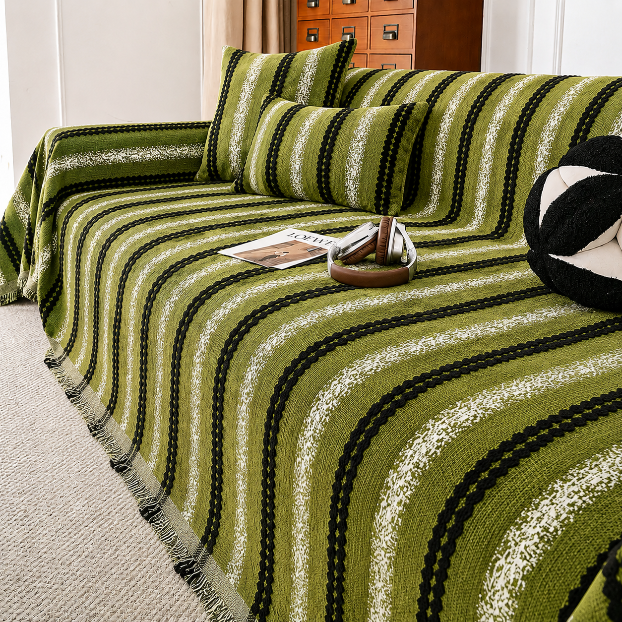 Non-Slip Stripe Chenille Tassels Sofa Couch Cover