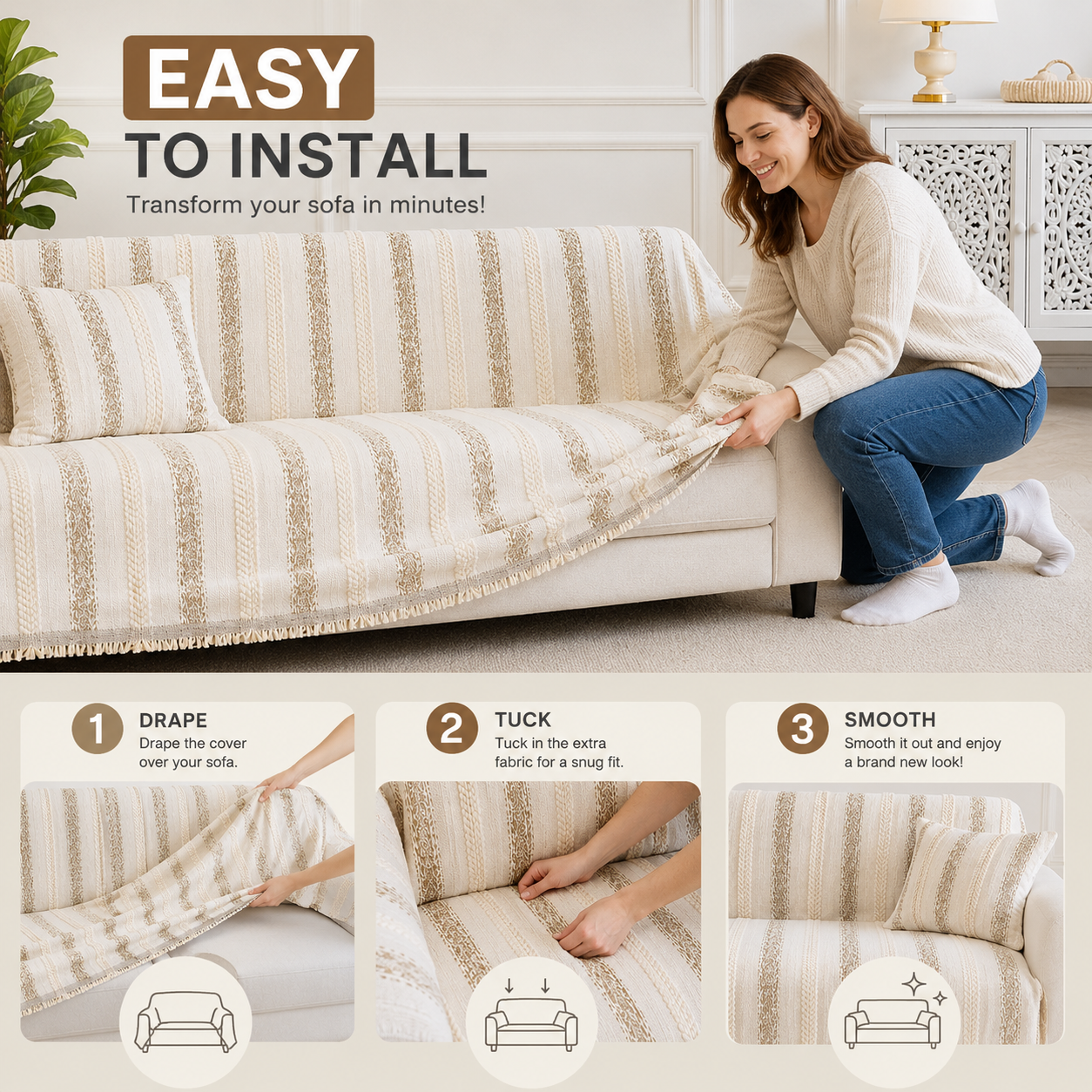 Non-Slip Stripe Chenille Tassels Sofa Couch Cover