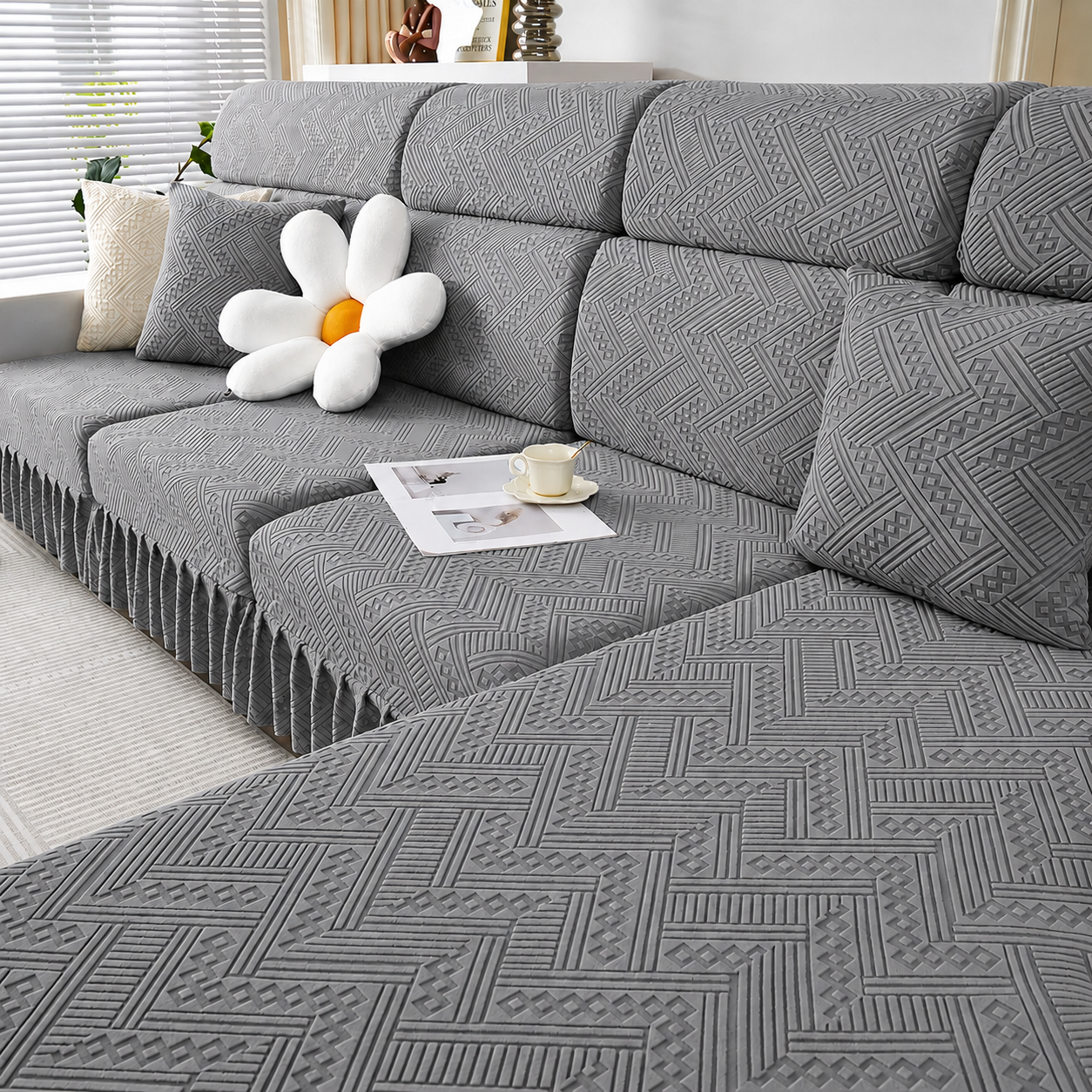 Non Slip L Shaped Skirted Cushion Slipcover Sofa Couch Cover