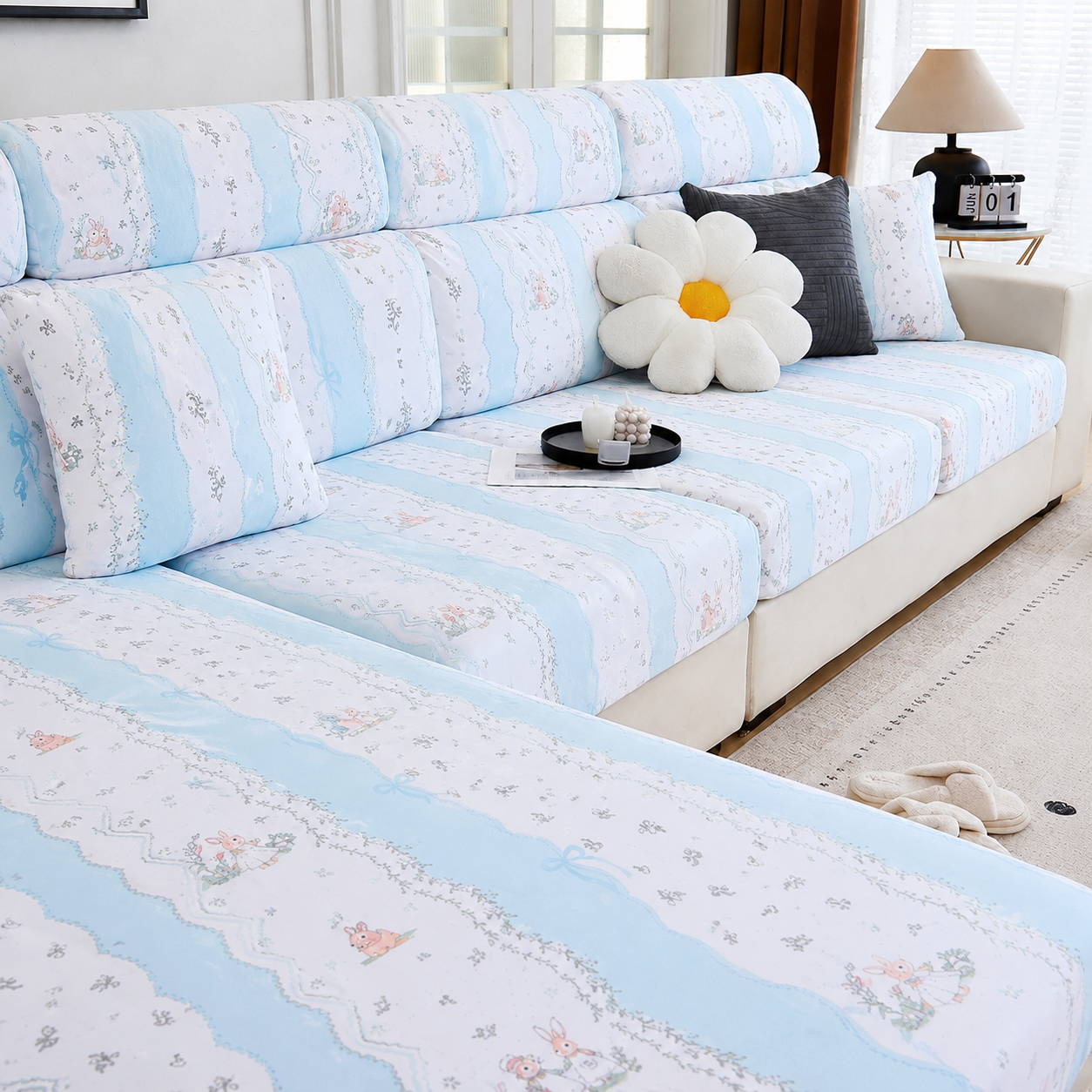 Floral Anti-Slip L Shaped Cushion Sofa Couch Cover
