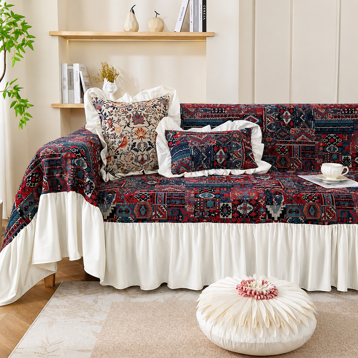 Non-Slip Elegant Floral Skirt Tassels Sofa Couch Cover