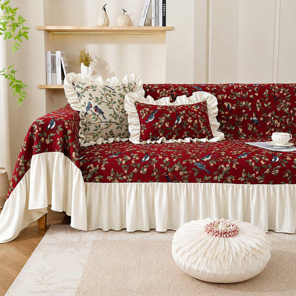 Non-Slip Elegant Floral Skirt Tassels Sofa Couch Cover