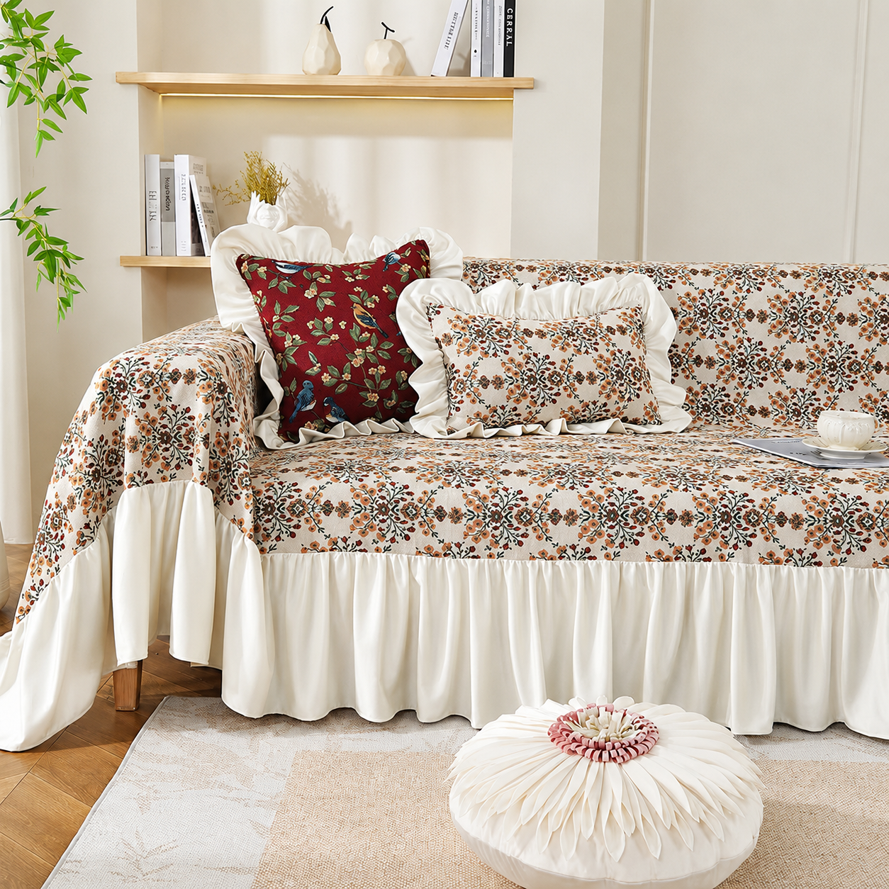 Non-Slip Elegant Floral Skirt Tassels Sofa Couch Cover