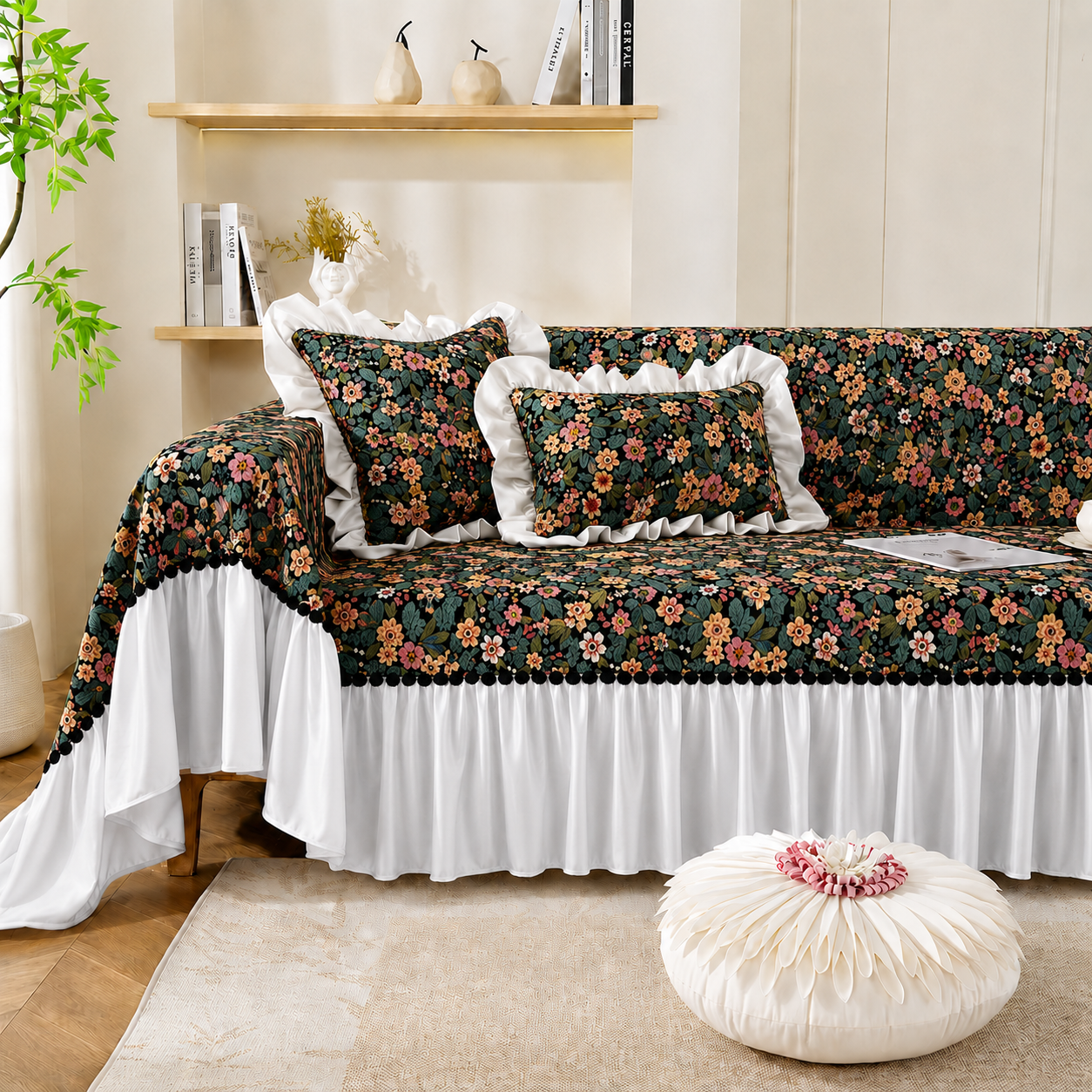 Non-Slip Elegant Floral Skirt Tassels Sofa Couch Cover