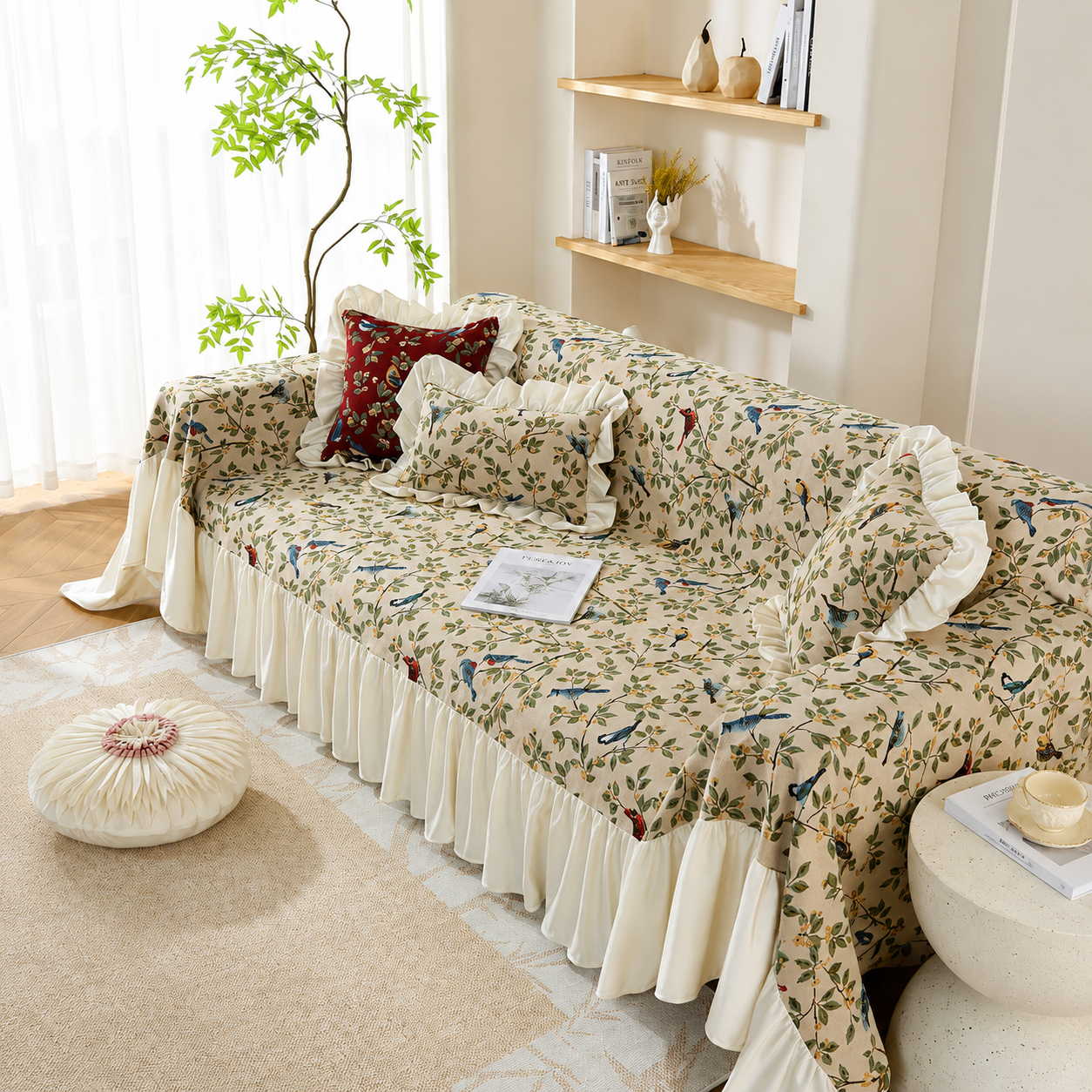 Non-Slip Elegant Floral Skirt Tassels Sofa Couch Cover