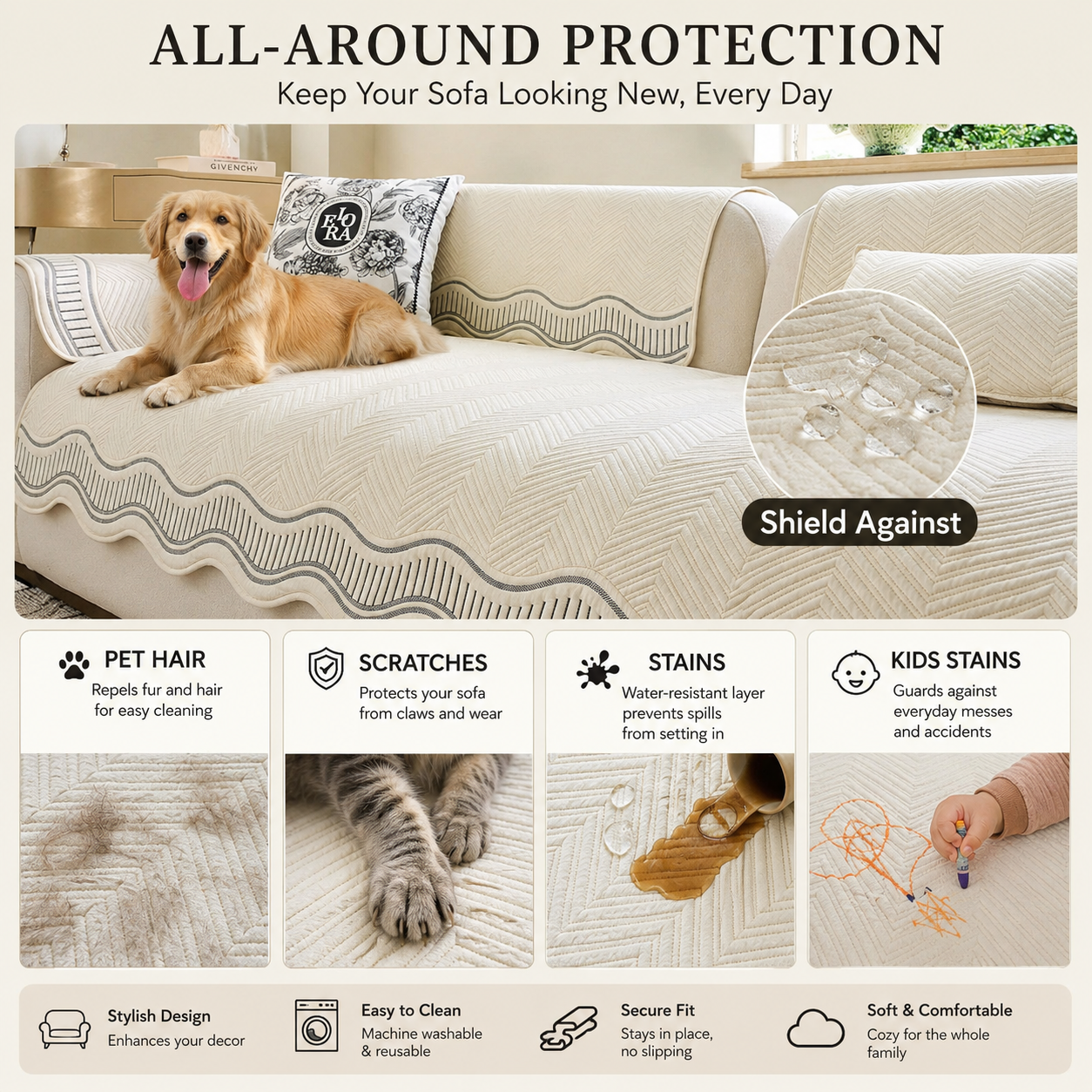 Non-Slip Quilted Chenille Sofa Couch Cover
