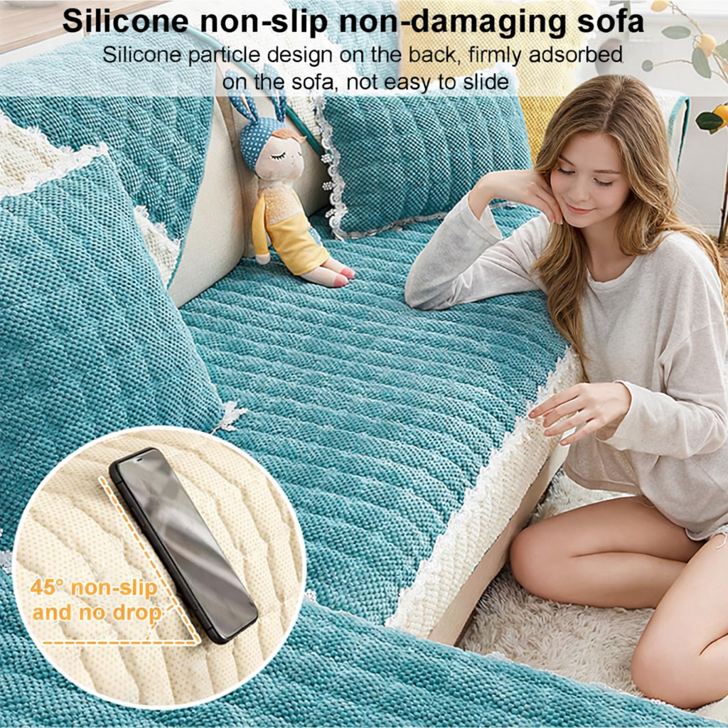 Non-Slip Quilted Lace Plush Sofa Couch Cover