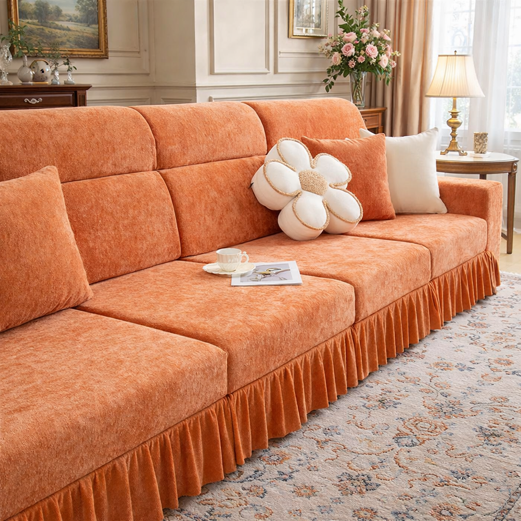 Chenille Anti-Slip L Shaped Skirted Cushion Sofa Couch Cover