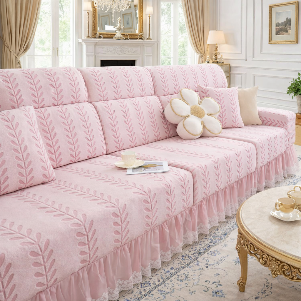 Anti-Slip L Shaped Leaf Skirted Cushion Sofa Couch Cover