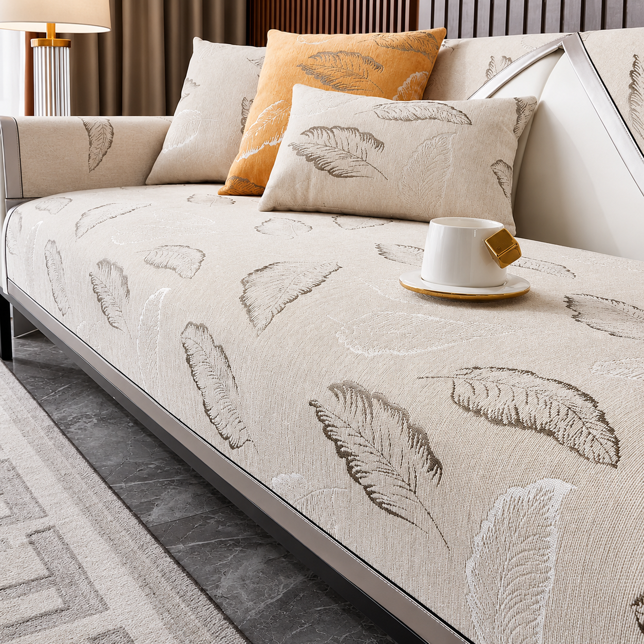 Non Slip Luxury Leaf Jacquard Chenille Sofa Couch Cover