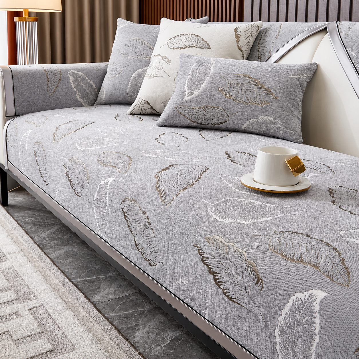 Non Slip Luxury Leaf Jacquard Chenille Sofa Couch Cover