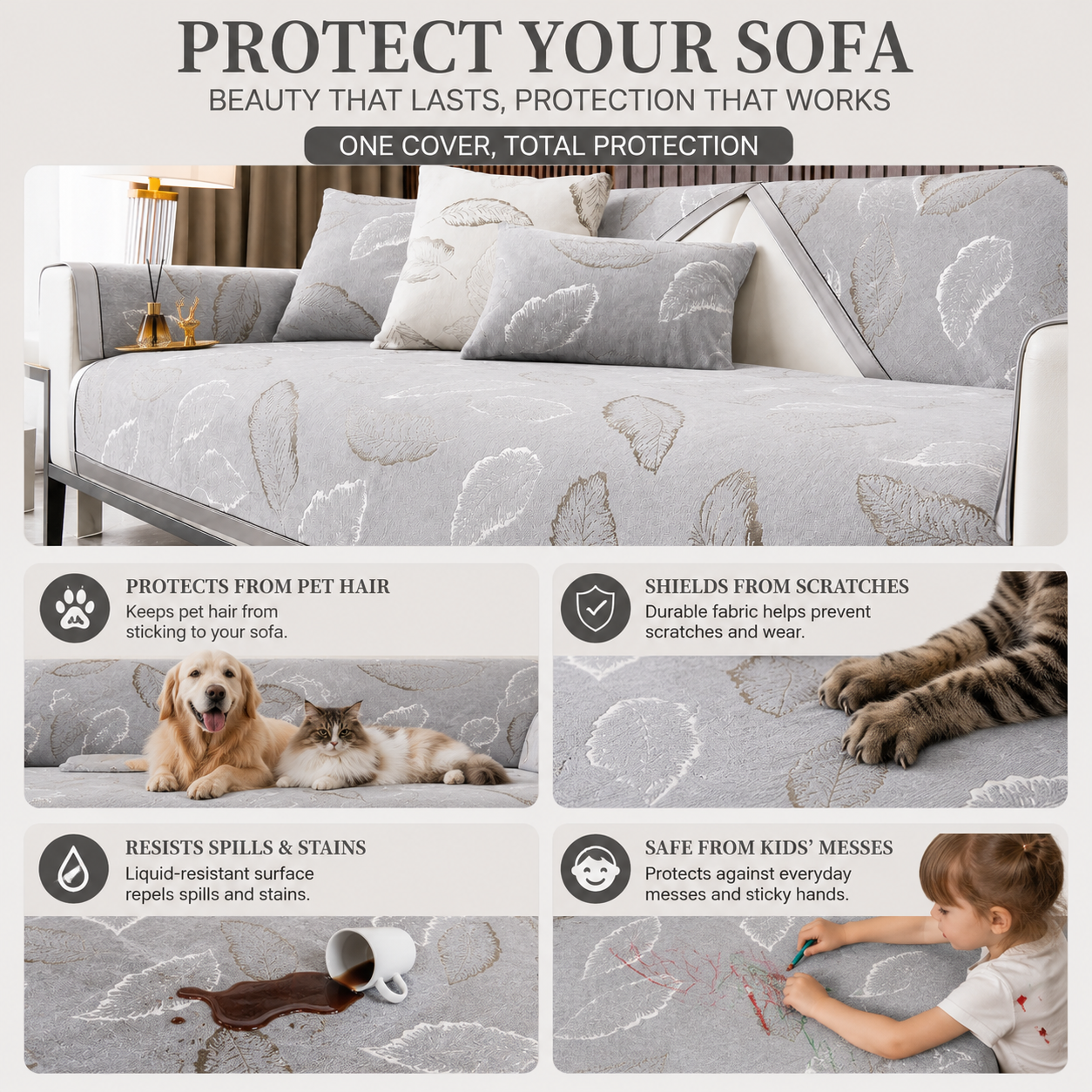 Non Slip Luxury Leaf Jacquard Chenille Sofa Couch Cover