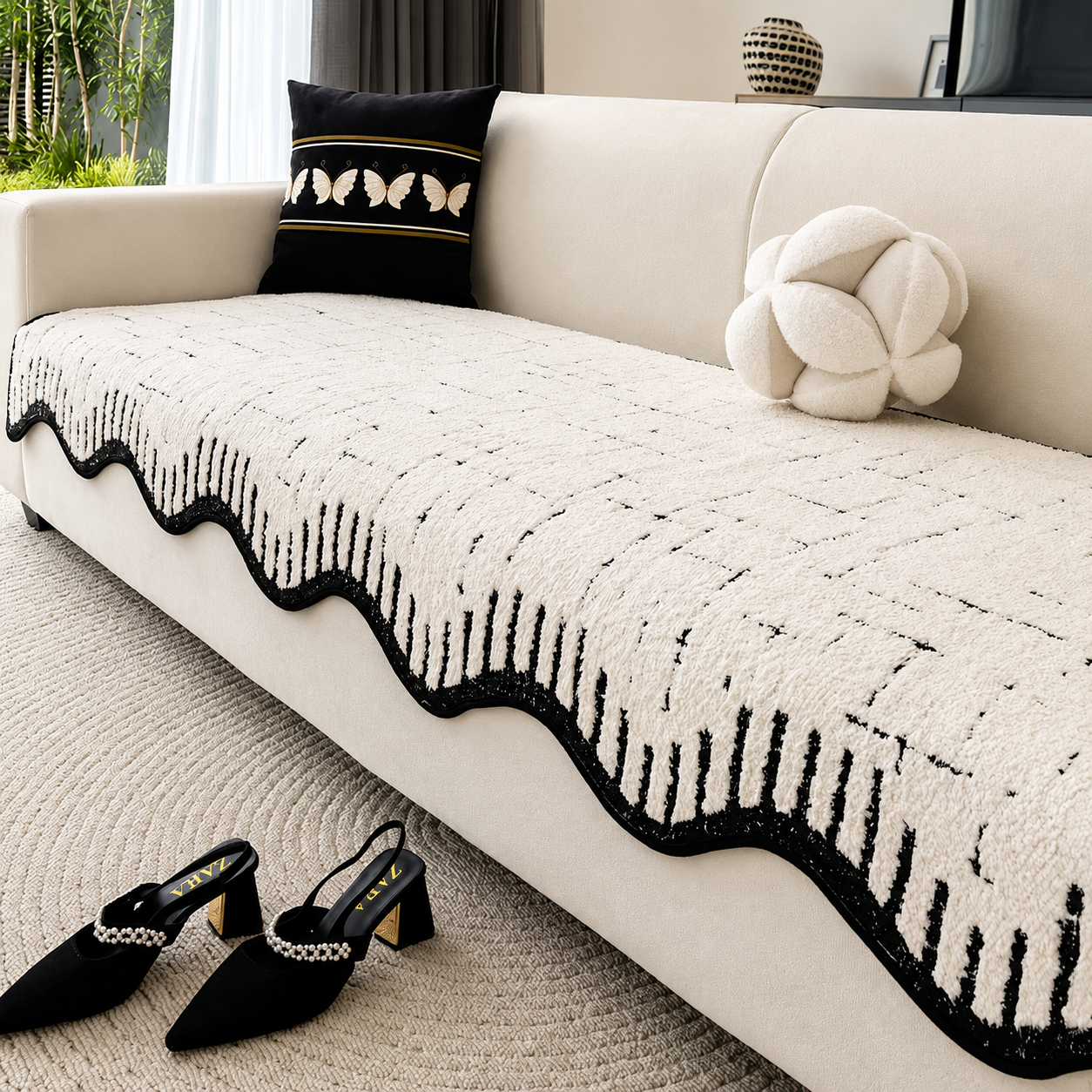 Non-Slip Wave Geometric Plush Fuzzy Furry Sofa Couch Cover