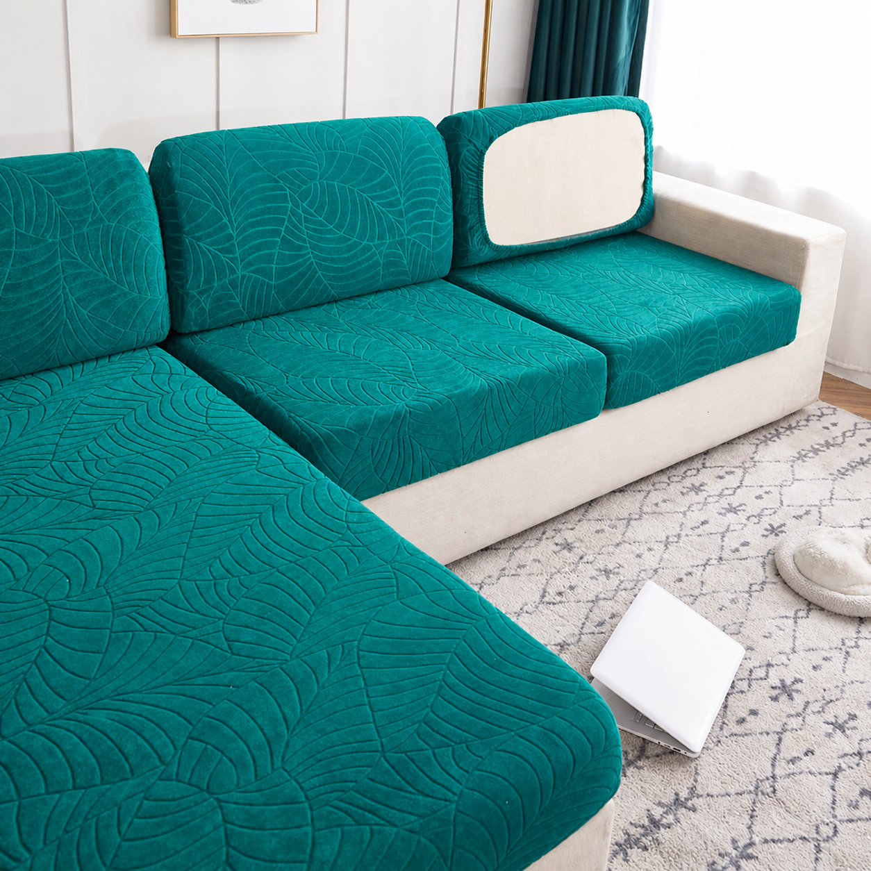 Anti Slip Jacquard Leaf L Shaped Sectional Cushion Sofa Couch Cover
