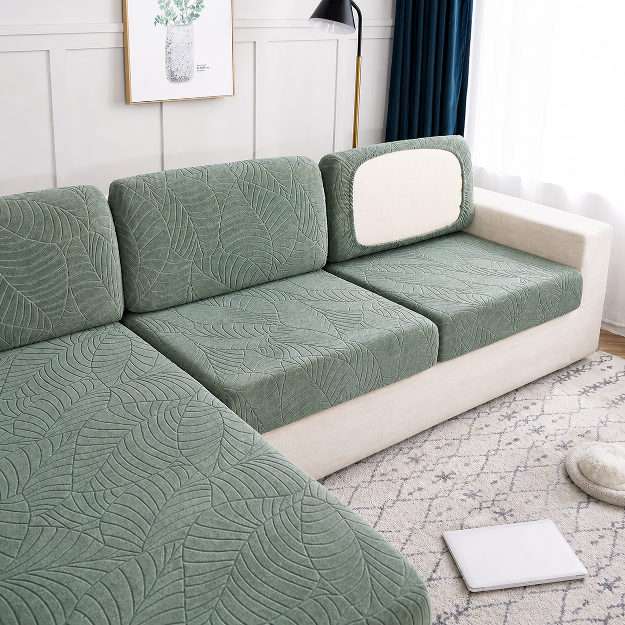 Anti Slip Jacquard Leaf L Shaped Sectional Cushion Sofa Couch Cover