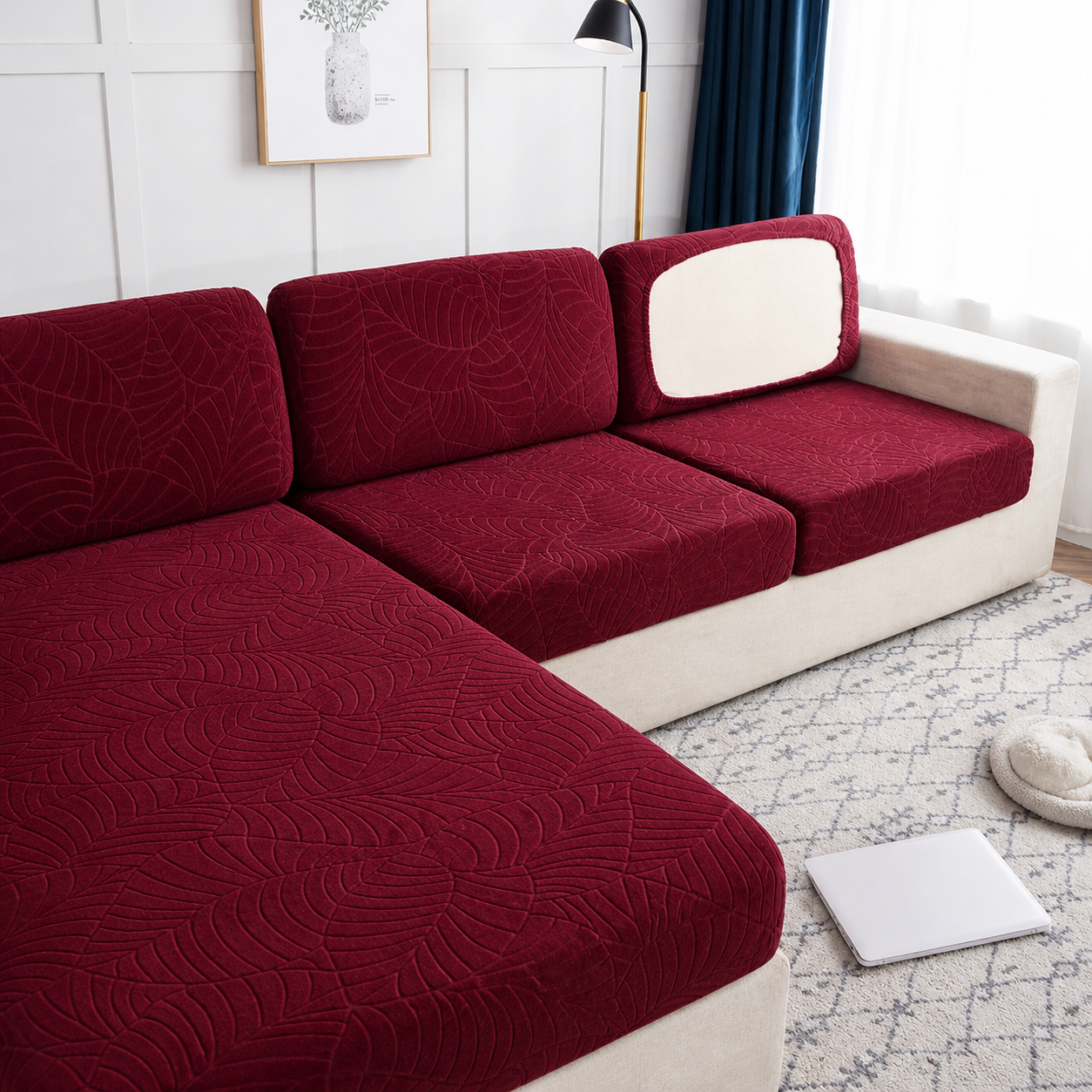 Anti Slip Jacquard Leaf L Shaped Sectional Cushion Sofa Couch Cover