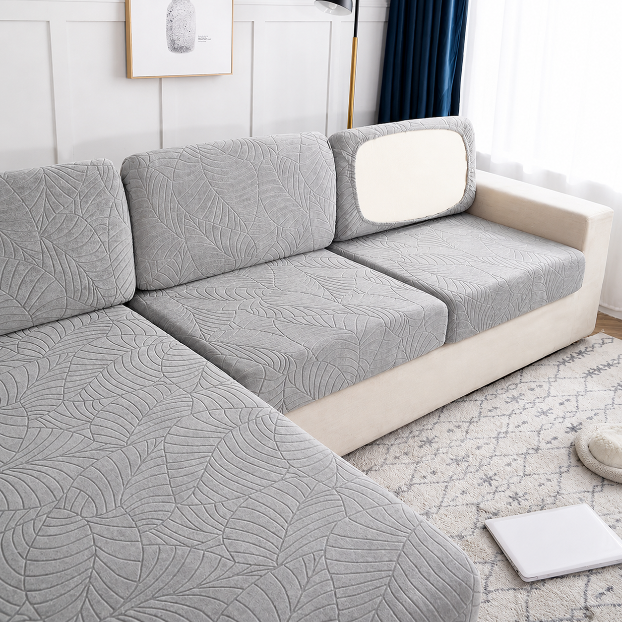 Anti Slip Jacquard Leaf L Shaped Sectional Cushion Sofa Couch Cover