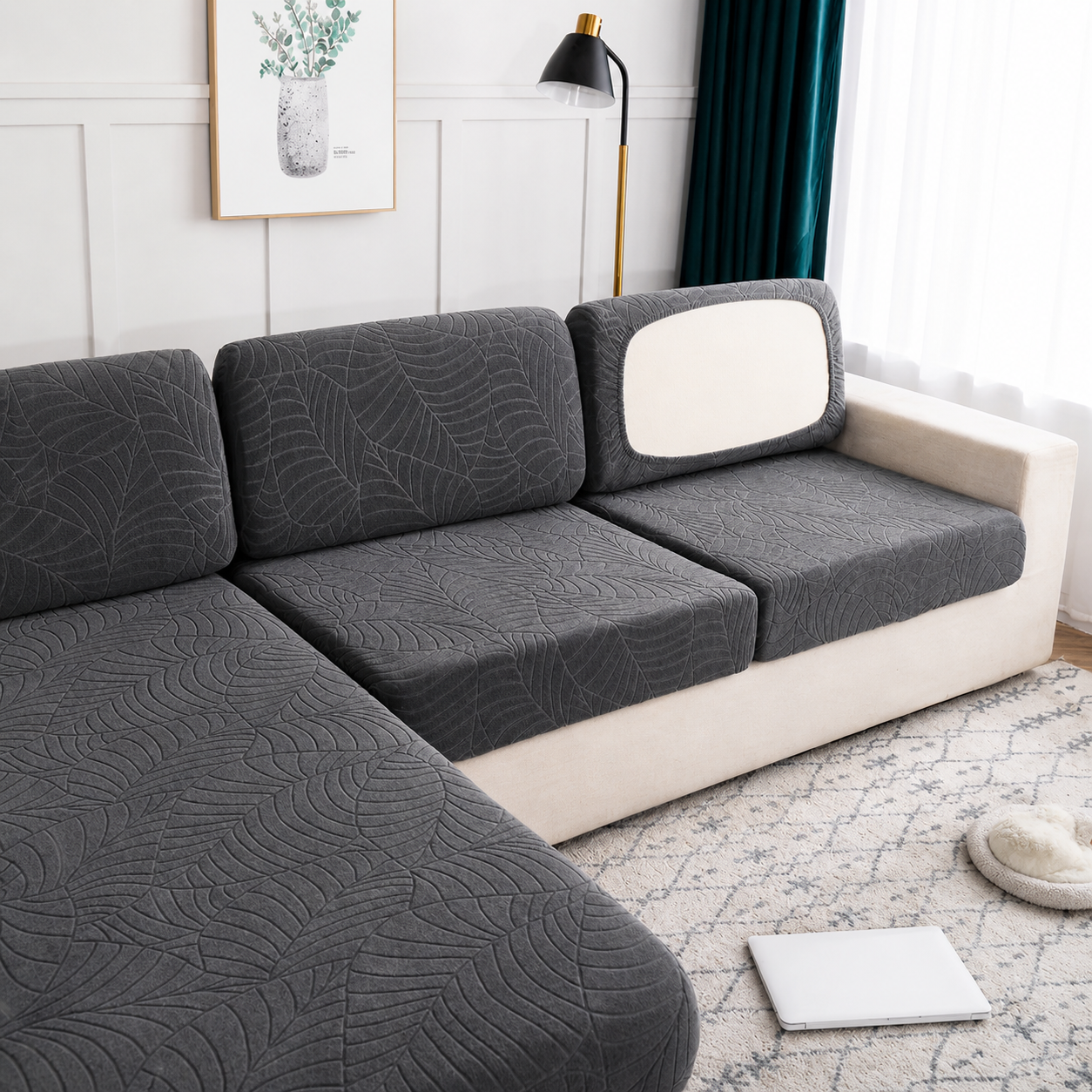 Anti Slip Jacquard Leaf L Shaped Sectional Cushion Sofa Couch Cover