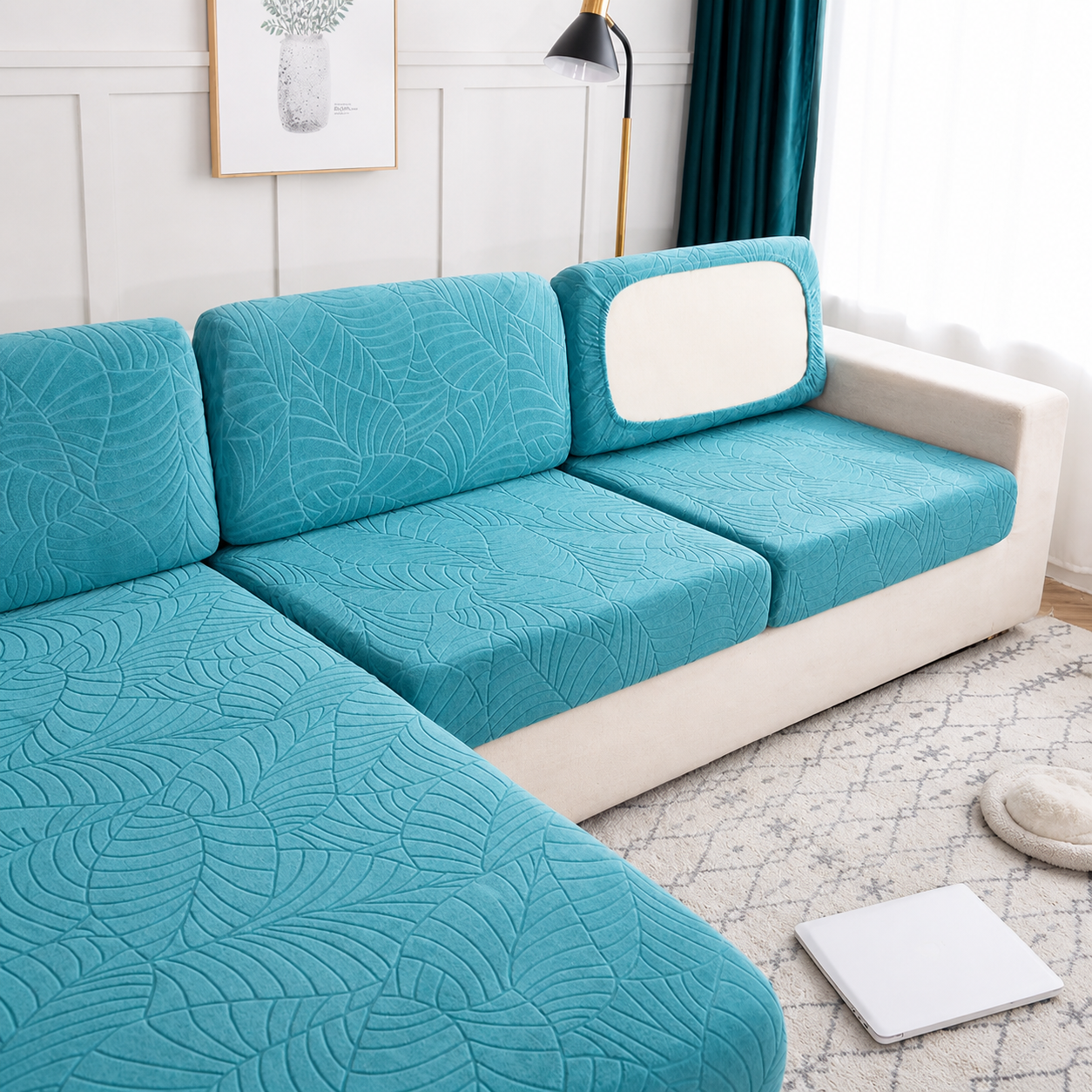 Anti Slip Jacquard Leaf L Shaped Sectional Cushion Sofa Couch Cover