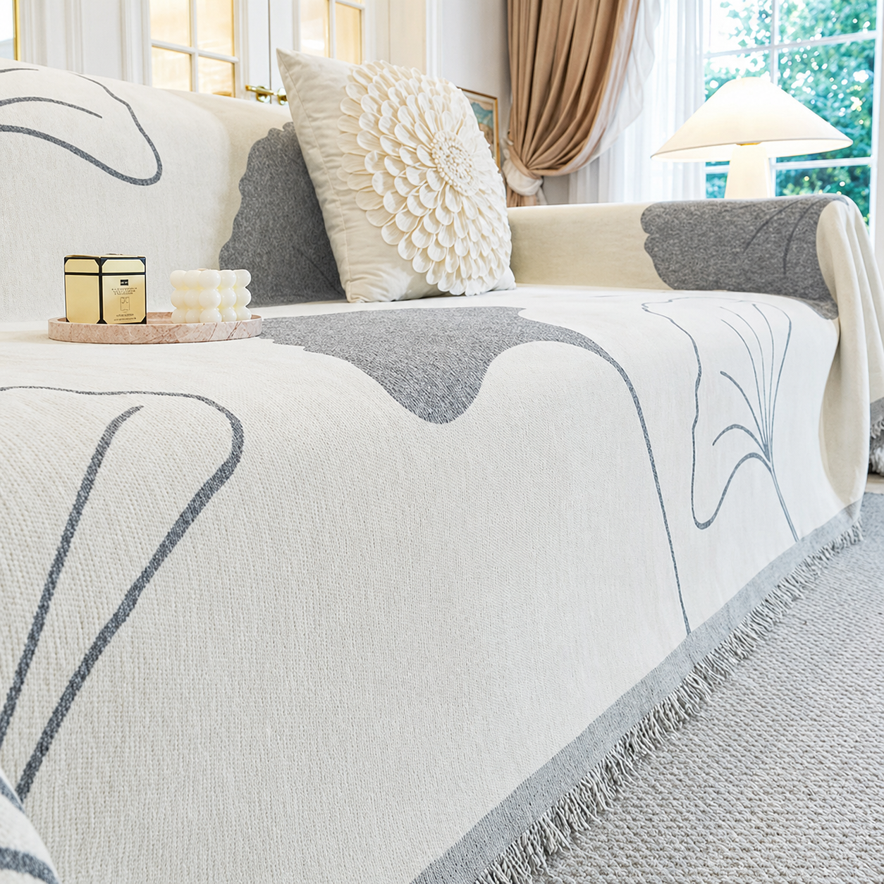 Reversible Modern Chenille Tassels Sofa Couch Cover